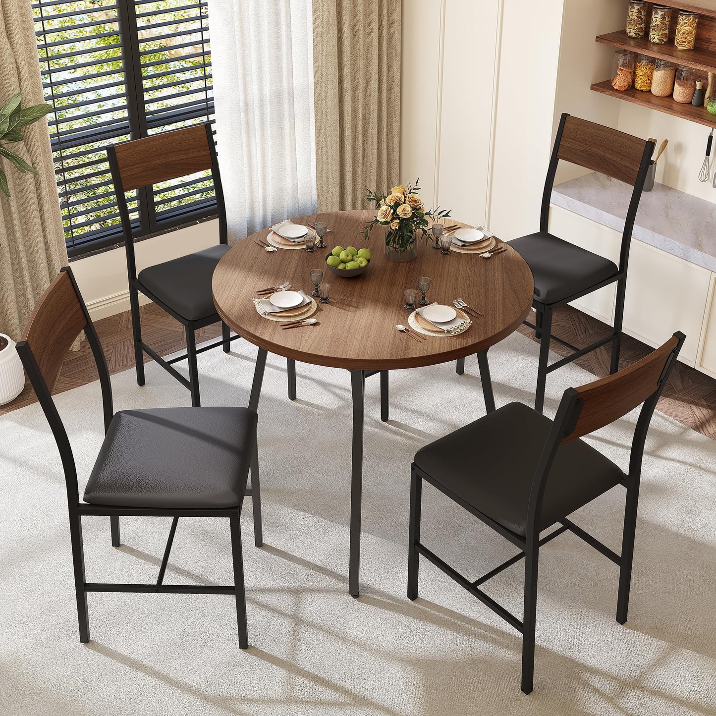 Pamapic Round Dining Table Set for 4, Kitchen Table and Chairs for 4, Dining Room Circle Dinner Pedestal Table, Solid Metal Frame,Space Saving Wood Small Kitchen & Dining Room Furniture,Walnut