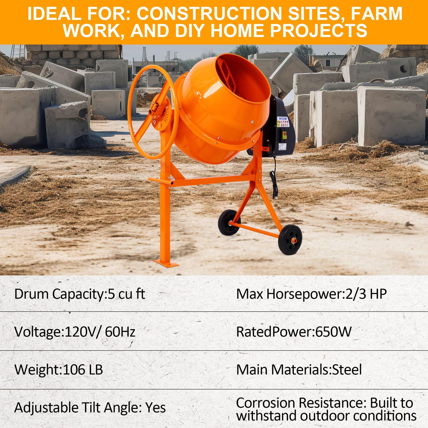 WORVISTA 5.0 Cu. Ft Electric Cement Mixer, 650W 4/5 HP Portable Concrete Mixer with Wheels and Stand, Heavy Concrete Mud Mixer Tools, Adjustable Tilt for Mortar Stucco Seeds and Fodder, Orange