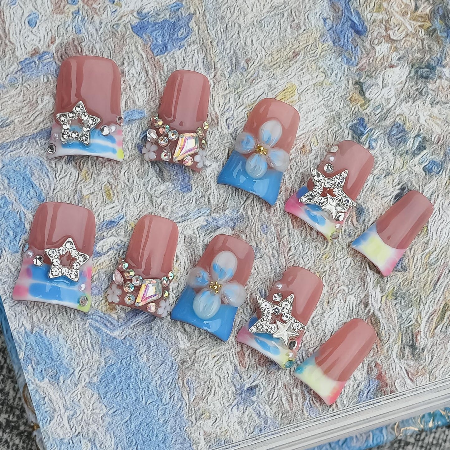 Tesytto Press on Nails Duck Shape 3D Floral Metallic Star Design Luxury Thick Acrylic Fake Nails Rhinestones Petal Flower French Tip Blue False Nails (Pastel Pink-Blue Stellar,M)