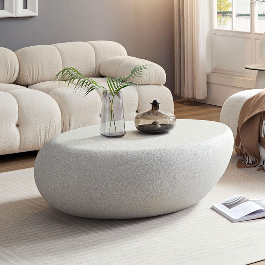 KEIKI 43" Fiberglass Elliptical Matte Coffee Table with Round Edge Design, Modern Style Irregular Center Coffee Table, No Assembly Required, for Living Room, Bedroom, Reception Room, Beige