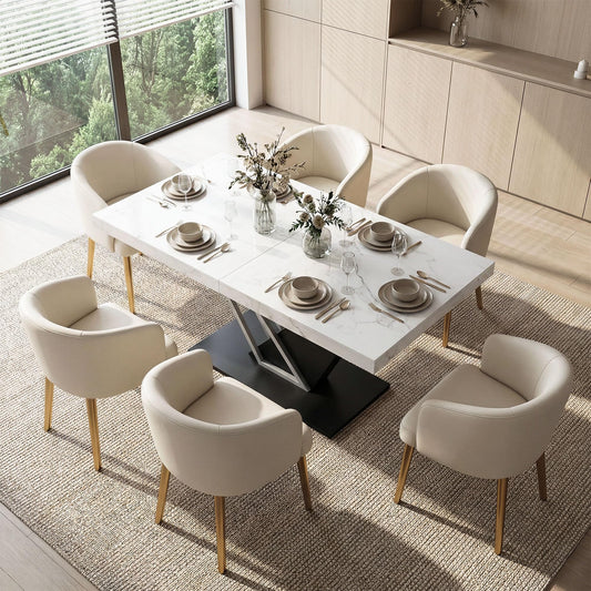 COSIEST 59'' to 78.7'' Extendable Dining Table for 4-8, Faux Marble Expandable Kitchen Table with Sturdy Metal Base, Rectangle Dinner Table for Small Space, Dining Room, Living Room, White