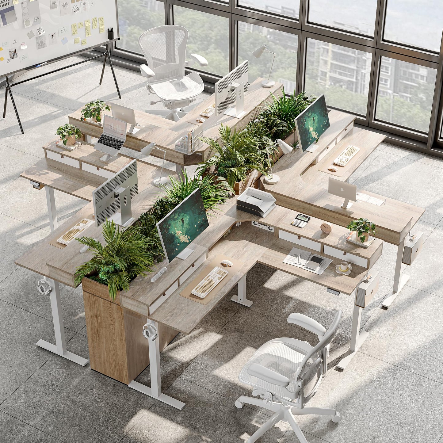 TIQLAB L Shaped 63 x 55 inch Standing Desk Adjustable Height, Electric Corner Standing Desk with 4 Drawers and Upper Shelf, Sit Stand Computer Table with Splice Board, Maple