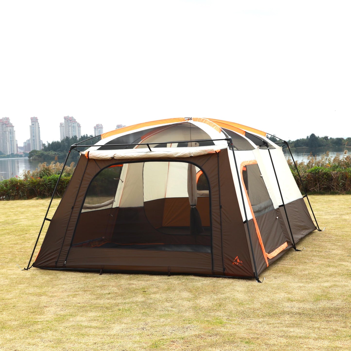 KTT Extra Large Tent 12 Person,Family Cabin Tents,2 Rooms,3 Doors and 3 Windows with Mesh,Straight Wall,Waterproof,Double Layer,Big Tent for Outdoor,Picnic,Camping,Family Gathering(Brown)