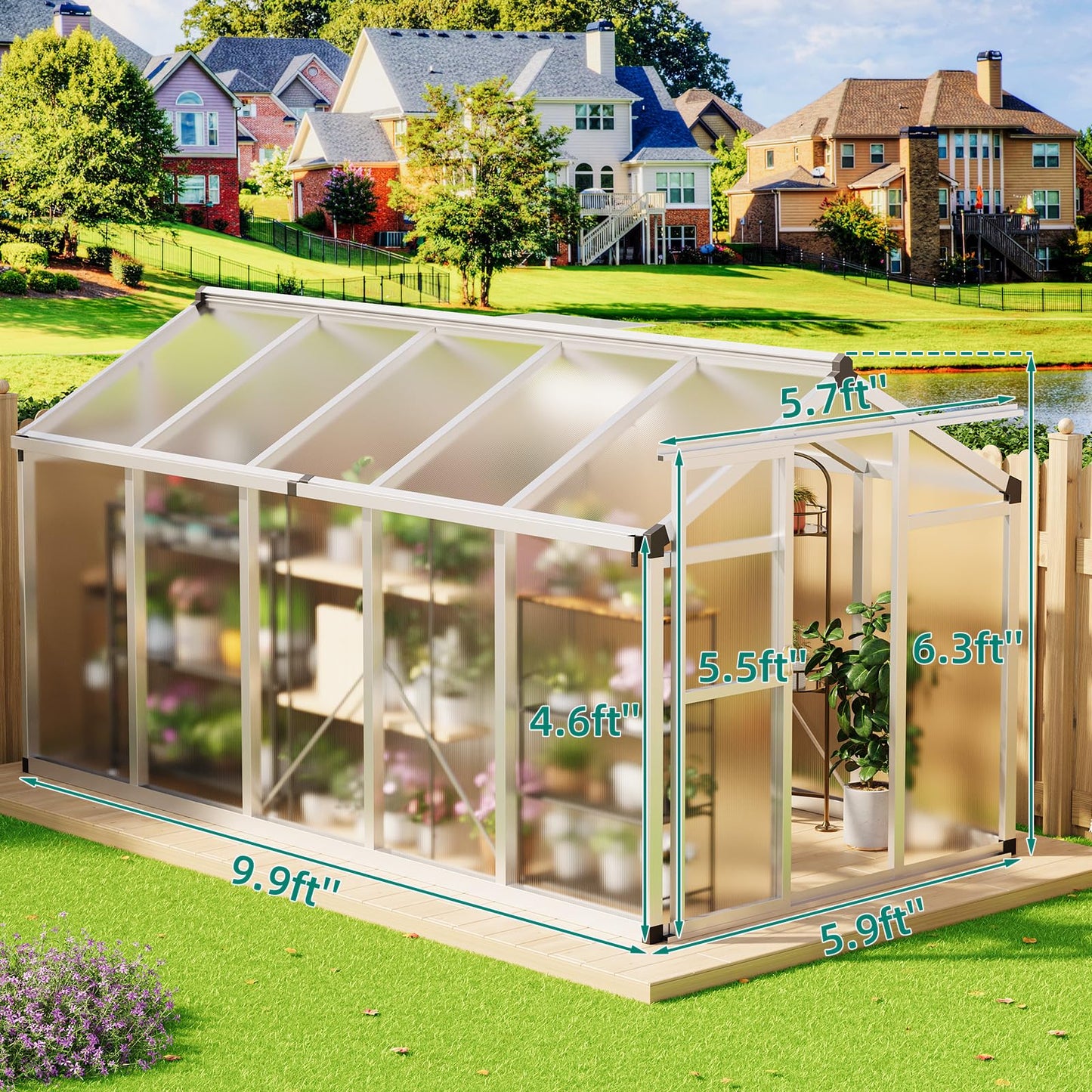 GAOMON 6 x 10 ft Greenhouse for Outdoor with Sliding Door, Green House with Polycarbonate Panel & Ajustable Roof Vent & Ground Nails, Walk-in Aluminum Greenhouses for Garden, Patio