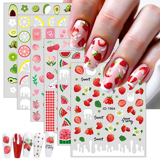 6 Sheets Colorful Fruit Nails Art Stickers Summer Nails Stickers 3D Self Adhesive Fruit Nail Decals Cute Fruits Watermelon Strawberry Cherry Nail Design Nail Art Supplies for Women Nail Decorations