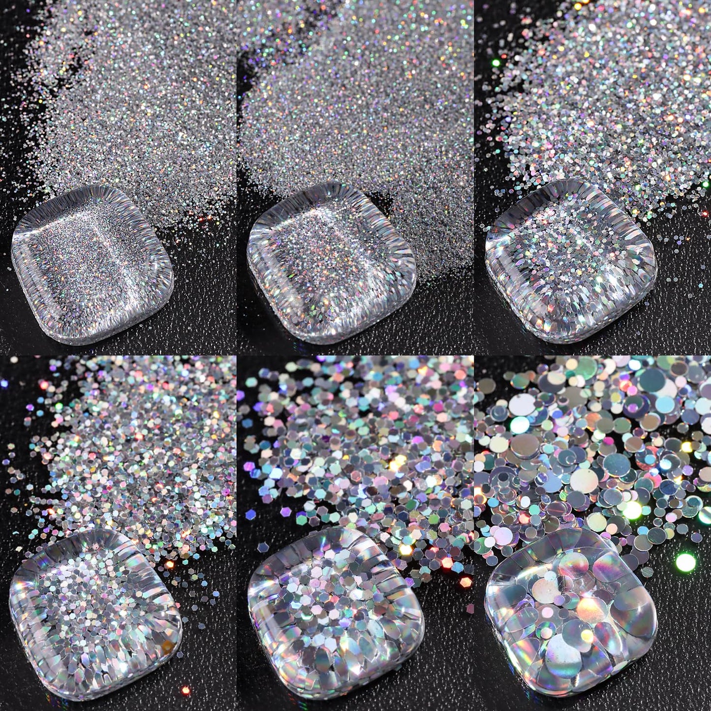 Furtherpretty Laser Silver Nail Glitter Powder Set, Mixed-Size Holographic Nail Glitter Dust, Sparkling Sequins & Flakes for Nail Art Decoration, Manicure Salon Supplies, Silver Glitter for Crafts