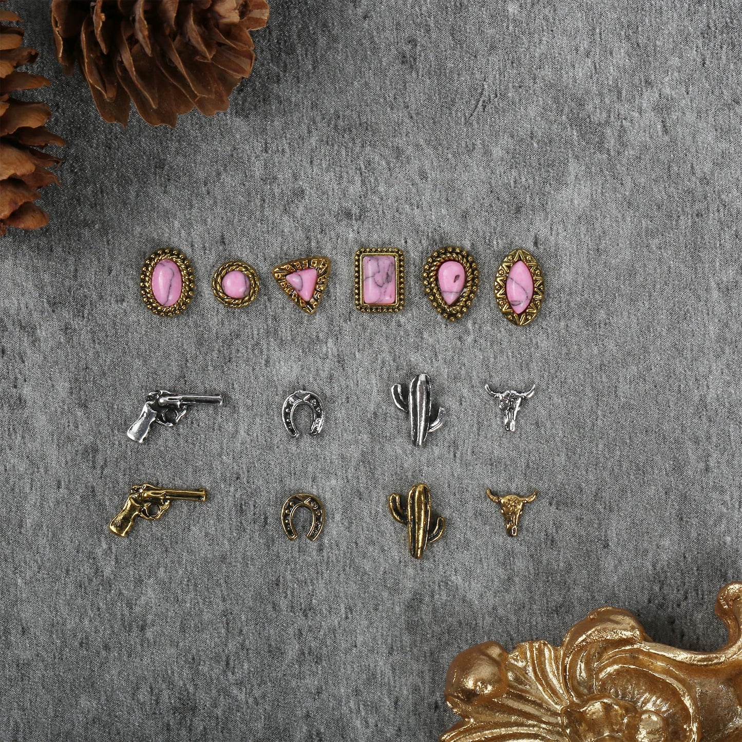 50 PCS Western Nail Charms - Pink Turquoise Nail Gems Stone 3D Vintage Western Art, Retro Pink Marble Cowgirl Charms Gems Metal Gold Silver Art Jewelry Gifts for Women DIY
