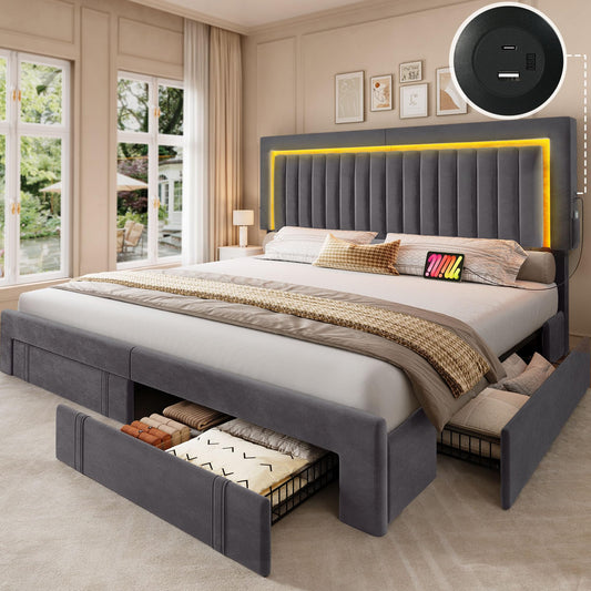 YITAHOME King Size Bed Frame with Adjustable Headboard, 4 Storage Drawers and RGB LED Lights, Velvet Upholstered Platform Bed with USB Ports, No Box Spring Needed, Fast Assembly, Noise-Free, Dark Grey