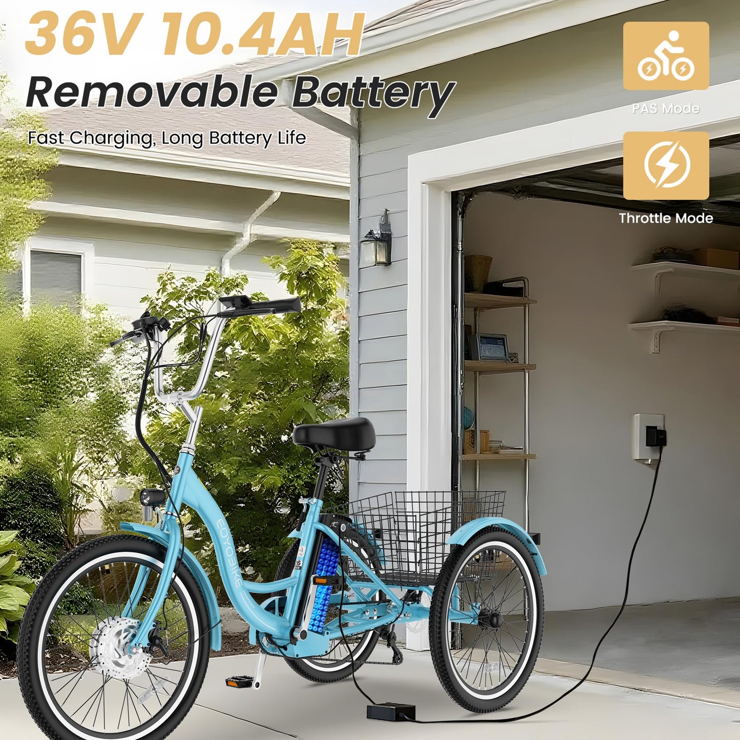 MOONCOOL Adult Electric Tricycle, 350W Front Drive Motor (Peak 700W), 15.5MPH E-Trike with Removable 36V 10.4Ah Battery, 40 Miles Range, 24/26 Inch 7-Speed 3 Wheel Electric Bike, Large Basket
