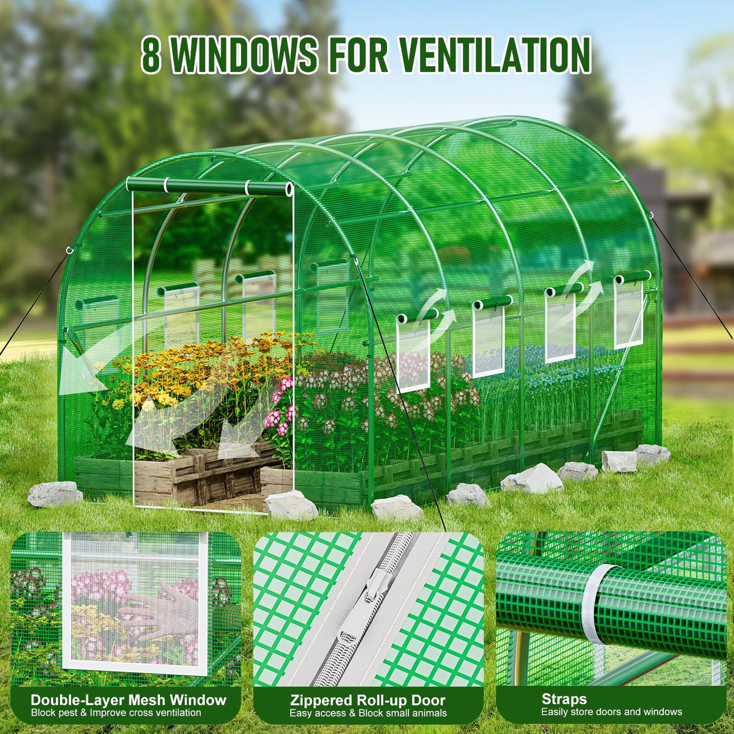 SPECILITE Walk-in Tunnel Greenhouse for Outdoors, 15×7×7 FT Heavy Duty Hoop House Kit with 8 Screen Windows, Thicken PE Cover & Galvanized Frame, Portable Large Green Houses for Outside, Winter, Green