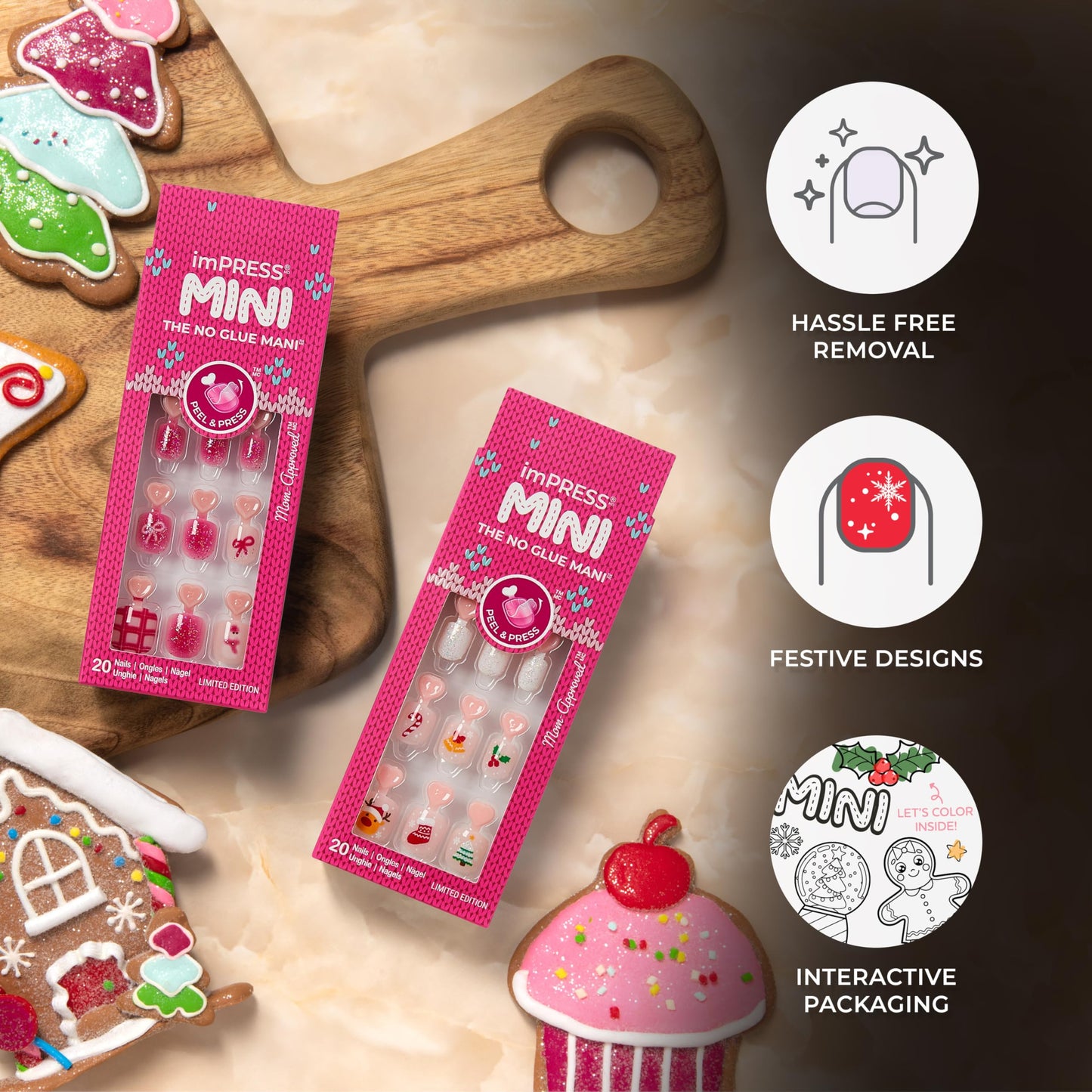 KISS imPRESS Mini Holiday Press On Nails for Kids, ‘Frostsnow’, Pink, Child Size, Squoval Shaped, Mess-Free, Mom Approved, Non-Toxic, Breakaway Application Tabs, Nail File, 20 Fake Nails (Pack of 2)