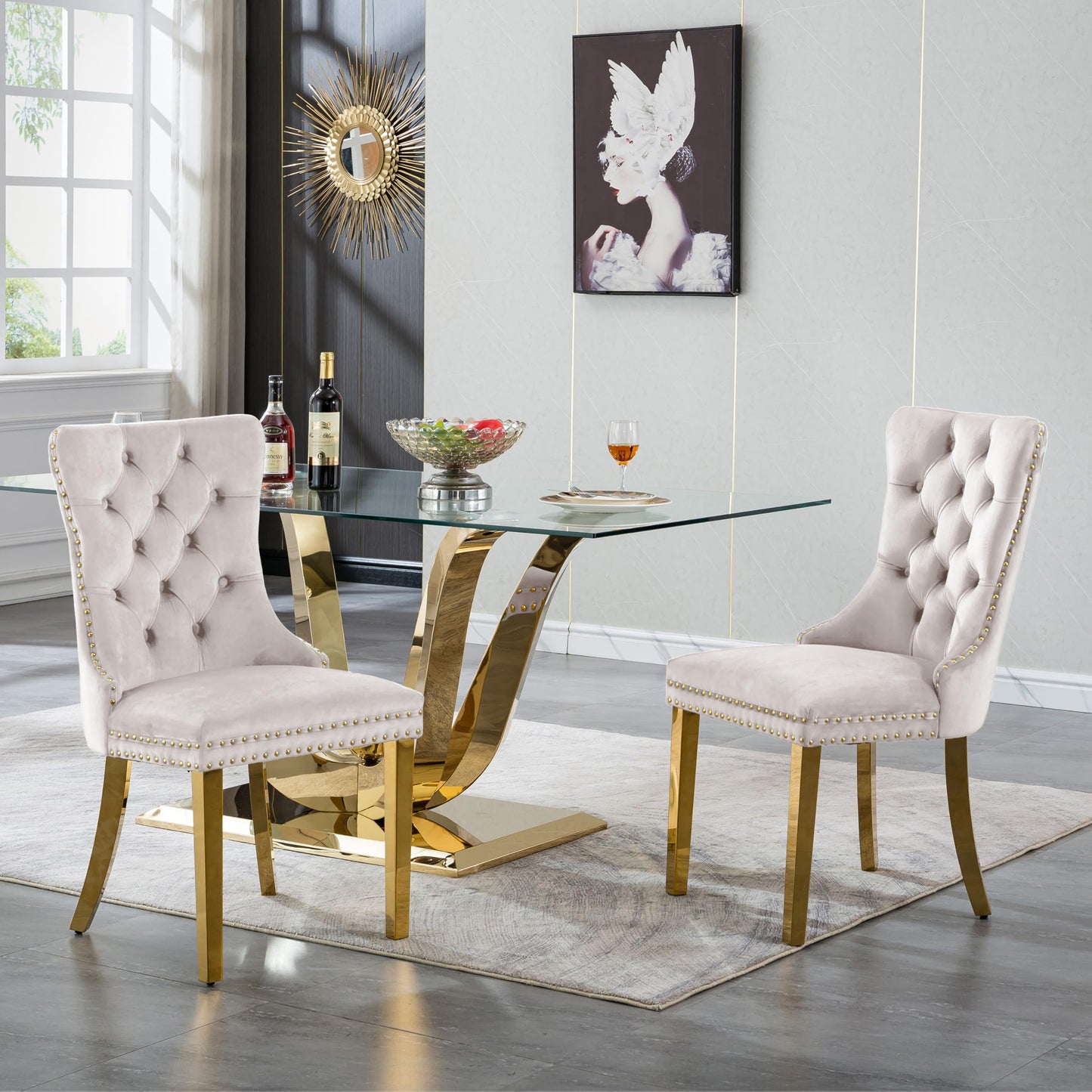 Maxtude 7 Piece Dining Table Set, Gold Dining Room Table with 6pcs White Velvet Dining Chairs, 70" Glass Dining Table Set for 6 with Stainless Steel Base for Kitchen Dining Living Room