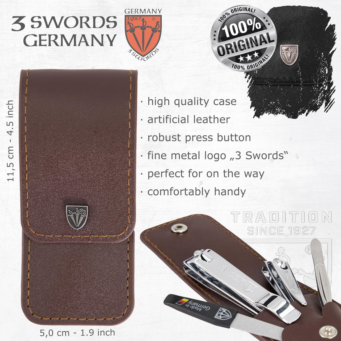 3 Swords Germany - Brand Quality 4 piece Manicure Pedicure Grooming kit Set for Professional Finger & Toe Nail Care Tweezers File Clipper Brown Synthetic Leather case - Made by 3 Swords