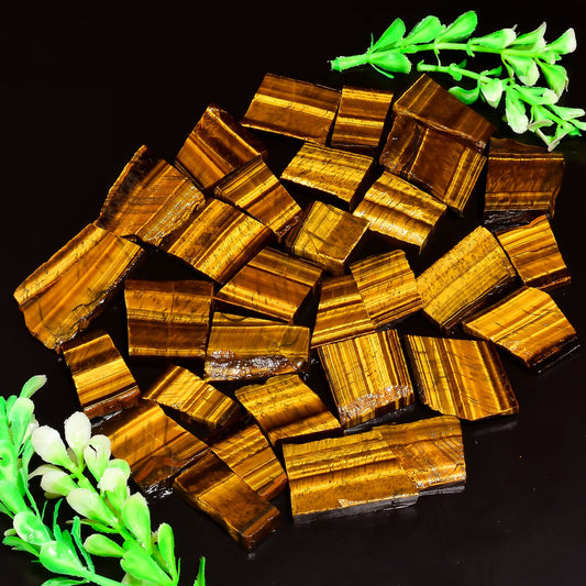 Natural Tiger Eye Raw Slice Gemstone- Healing Crystals for DIY Jewelry Making -Loose Natural Cabochon -Perfect for Crafting Unique Jewelry Designs (5 pcs, 25-35 mm)