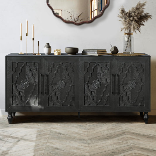 YOPTO Wood Storage Sideboard with Three Tempered Glass Doors and Adjustable Shelf,Large Buffet Cabinet W/Carved Flower Door for Living Room,Kitchen,Entryway,Black