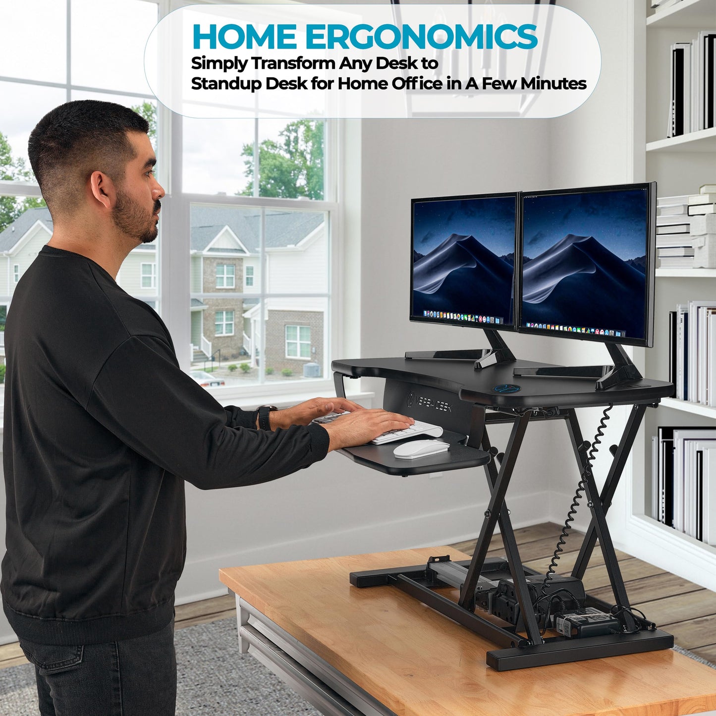 VERSADESK PowerPro™ 36 Inch Electric Standing Desk Converter, Height Adjustable Sit to Stand Up Desk Riser, Laptop and Dual Monitor Desktop Workstation with Wide Keyboard Tray and USB Port, Black