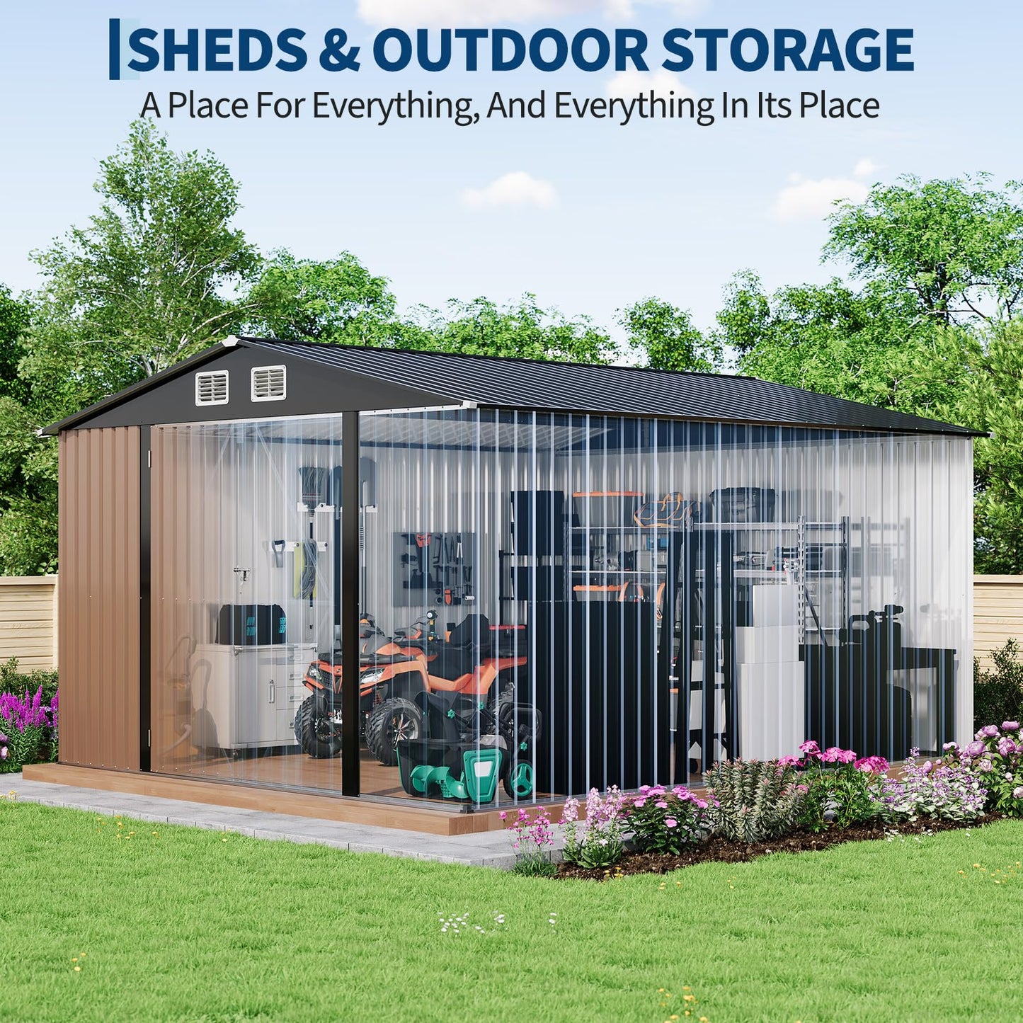 GarveeLife 12 X 10 ft Outdoor Storage Shed, Metal Garden Sheds & Outdoor Storage with Updated Frame Structure, Backyard Garden Terrace Tool Shed for Backyard, Lawn, Patio, Bike Storage, Brown