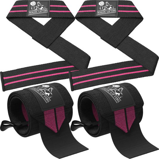 Wrist Wraps + Lifting Straps Bundle (2 Pairs) for Weightlifting, Cross Training, Workout, Gym, Powerlifting, Bodybuilding -Support for Women & Men, No Injury during Weight Lifting-Pink