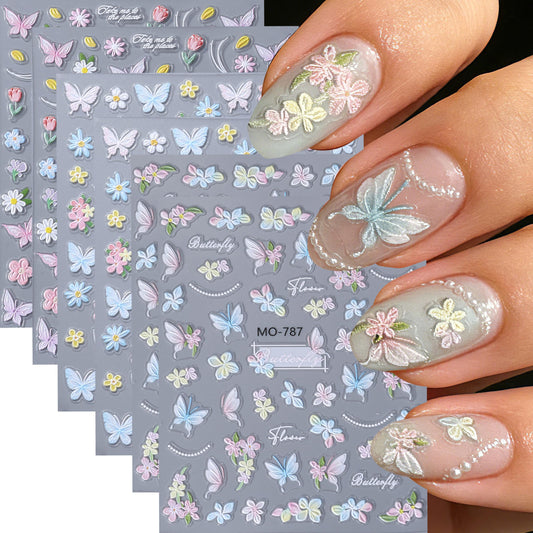 6 Sheets Butterfly Flower Nail Art Stickers Summer Spring 5D Embossed Butterfly Self-Adhesive Nail Decals Floral Nail Design Colorful Tulips Nail Supplies for Women DIY Manicure Decoration Accessories