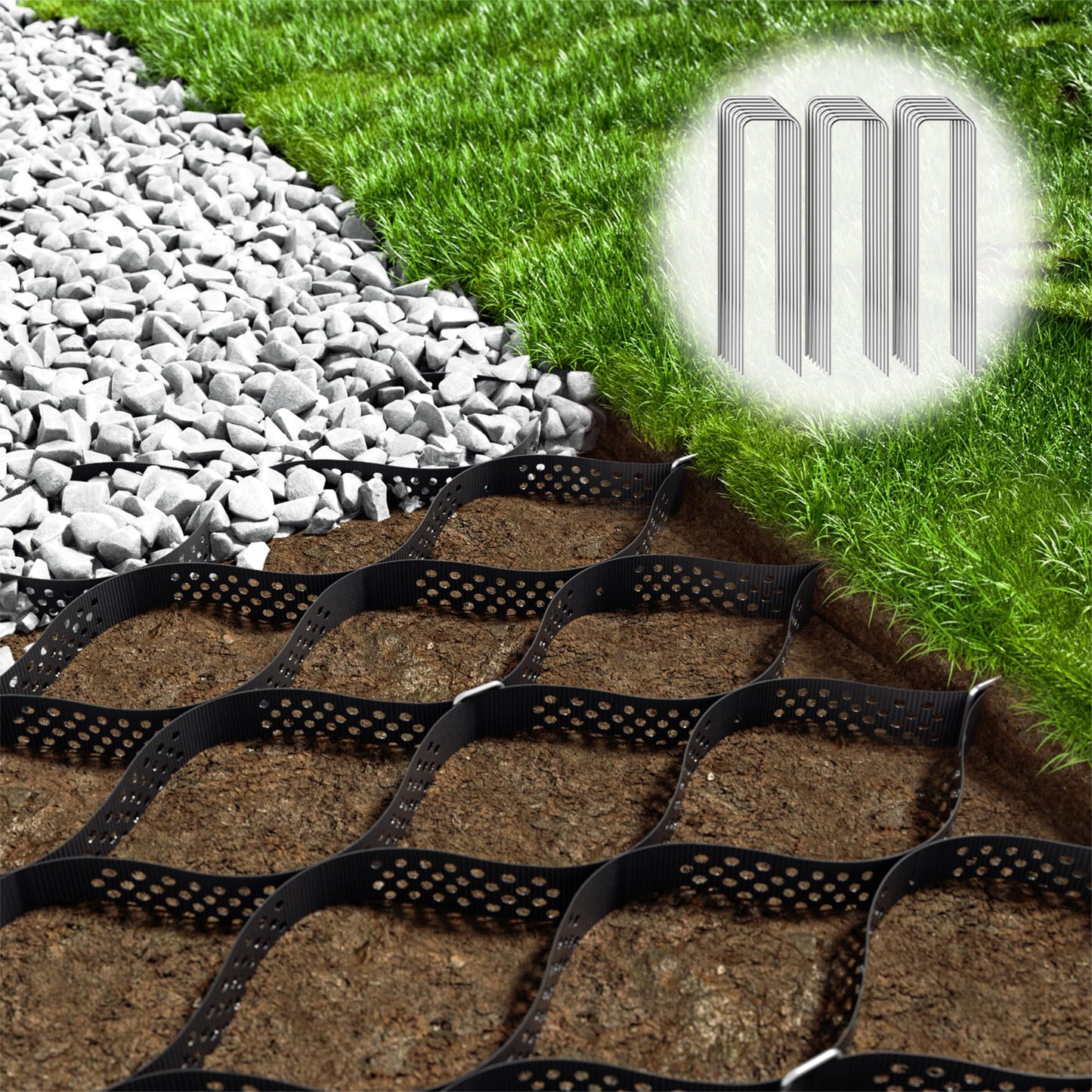 Gravel Grid 9x17.5 FT with 15Pcs Landscape Staples, 2'' Thick Geogrid Ground Grid 2200 lbs per Sq Ft Erosion Control Geo Grid for Driveway, Walkway, Horse Paddock, Patio, Parking Lot, Slope