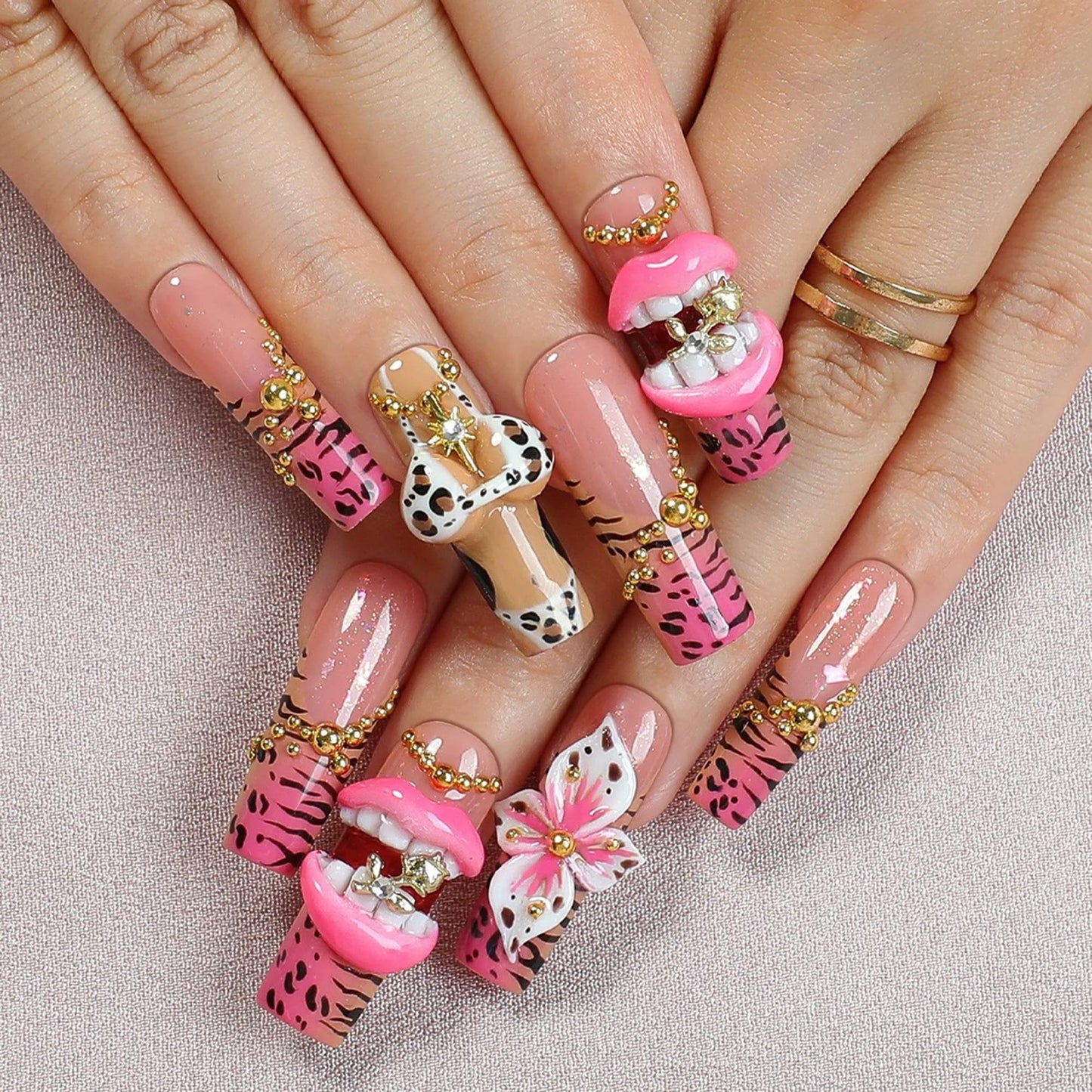 Handmade Press on Nails Long Square Fake Nails Leopard Print French Tip False Nails with Charms Pink 3D Lips Designs Acrylic Press Ons Luxury Reusable Glue on Nail for Women DIY 10Pcs (Size M)