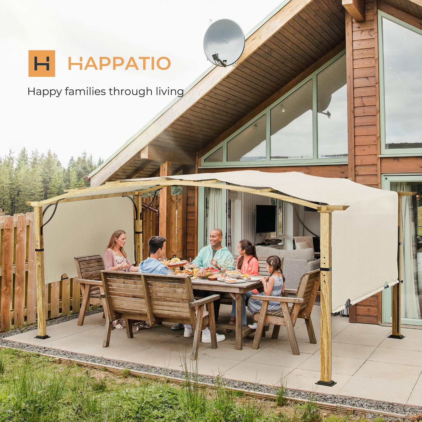 HAPPATIO 10' x13' Outdoor Retractable Pergola, Patio Metal Pergola with Sun Shade Canopy, Wood-Grain Aluminum Pergola with Canopy Fixed in Various Positions, Metal pergola for Backyards (Beige)