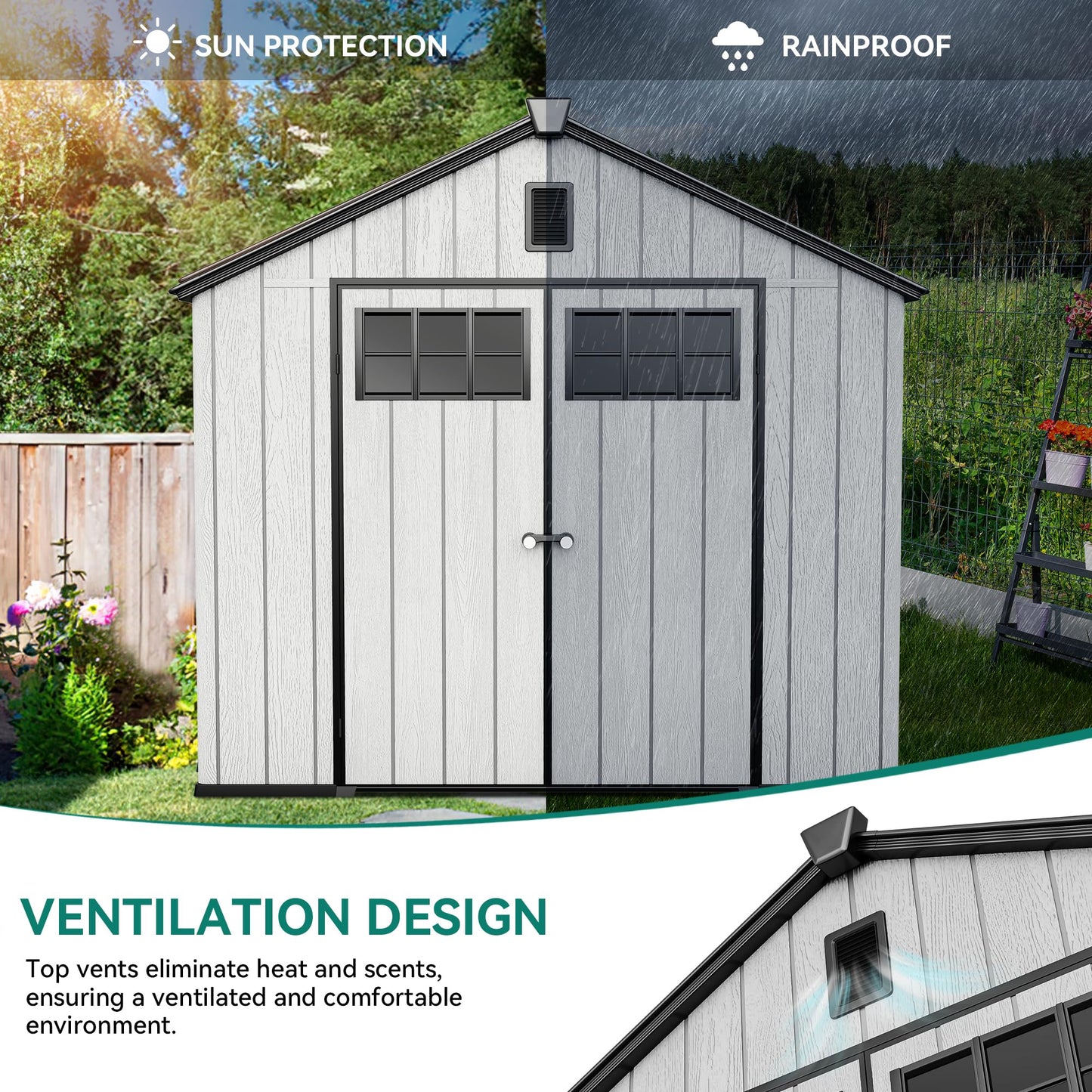 YITAHOME 8x10 FT Outdoor Storage Shed with Floor, Extra Thick Plastic Garden Shed for Bikes, Tools and Pool Supplies, Outdoor Resin Shed with Door Window Insert & Vents for Patio, Lawn, Backyard, Gray