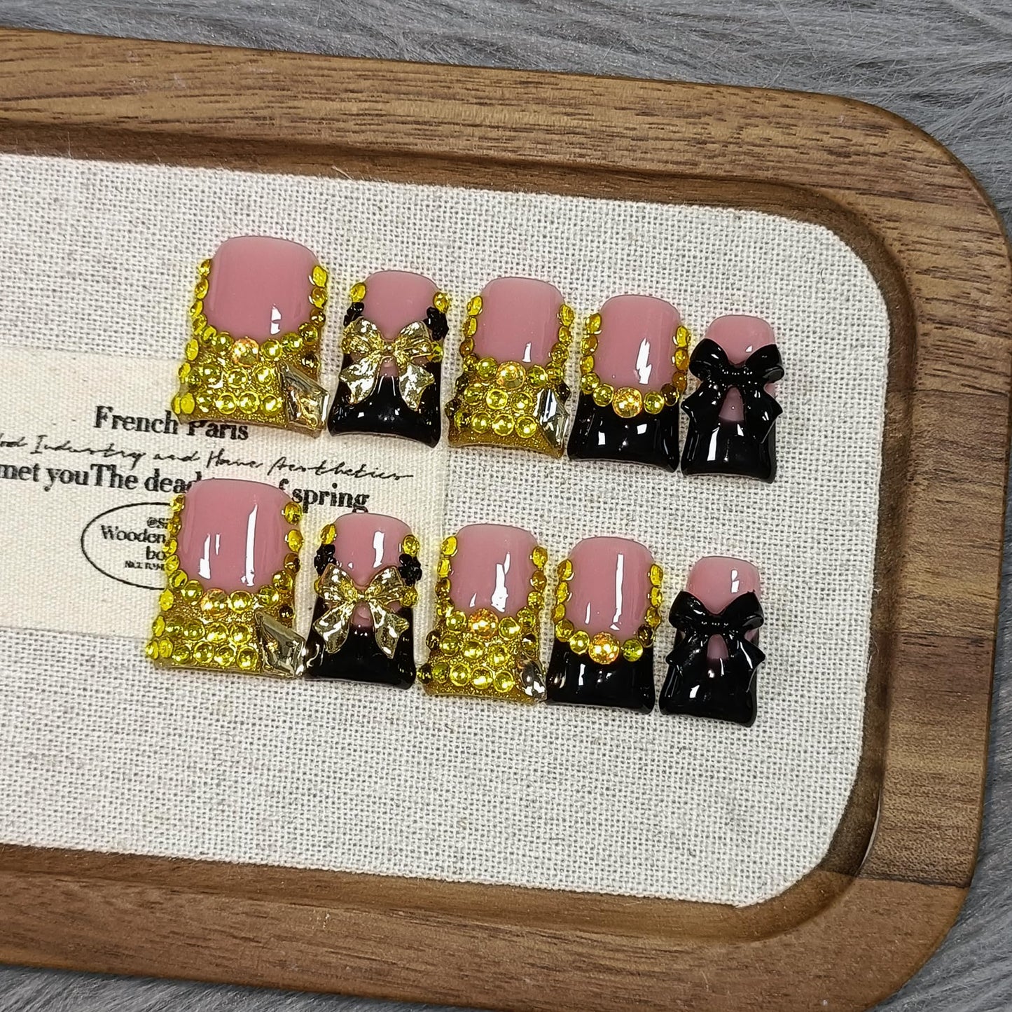 TENPAL 10Pcs Ballerina Coffin Duckbill Press On Nails With Tools Kits,Icy Black Gold French Tip Glue on Nails with Full Crystals Designs, Acrylic Glossy Bow Glitter Bridal Fake Nails for Party(L)