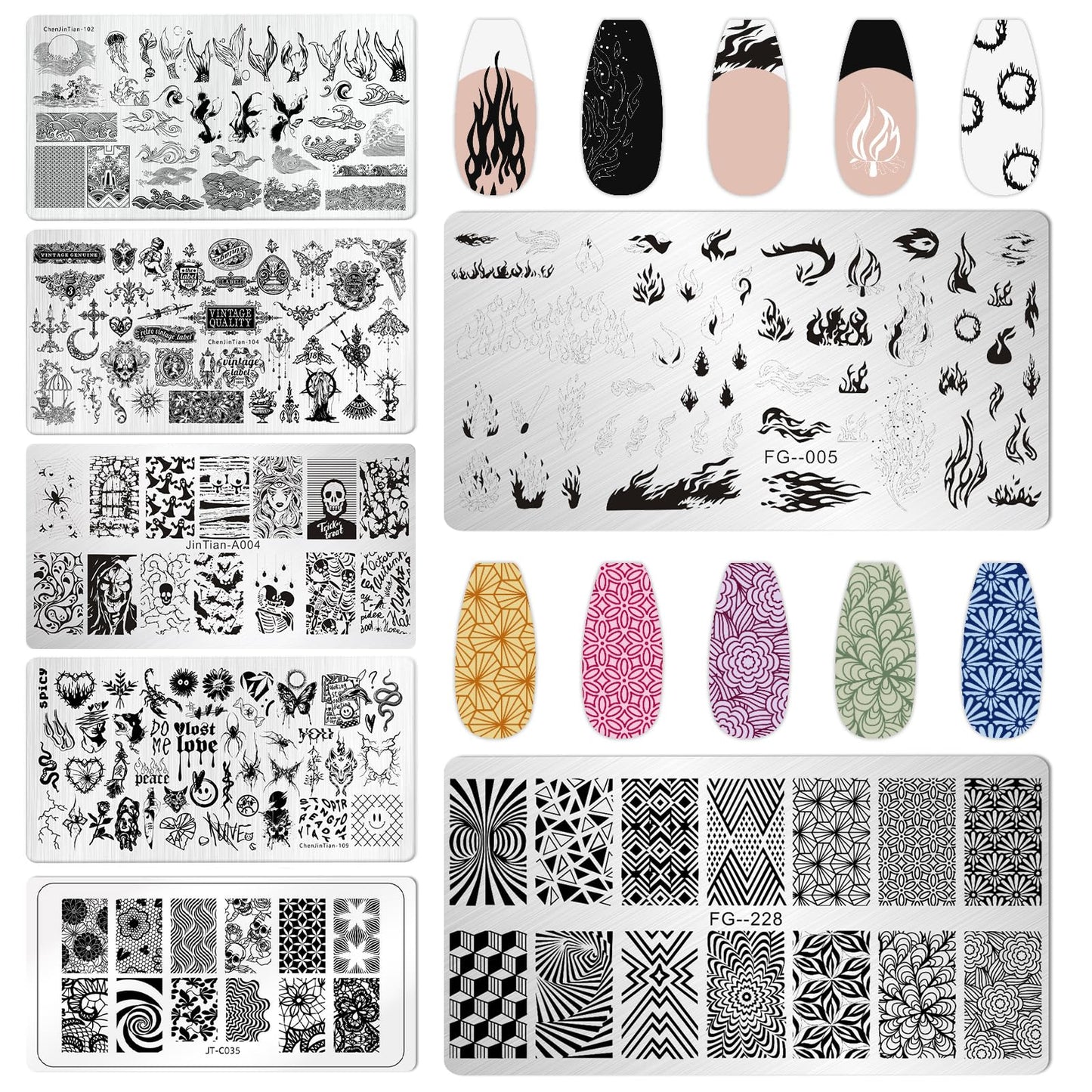 AddFavor Nail Stamping Plate Kit with Nail Stamp and Scraper, 6pcs Fire Skull Nail Stamper Kit for Home Salon Manicure Polish Print Stencils Design Tools
