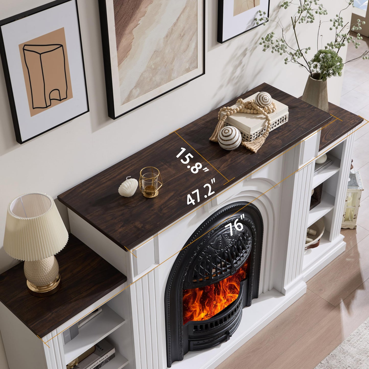Electric Fireplace with Mantel, 76" Electric Fireplace, Birdcast Fireplaces Entertainment Center TVs Up to 90", Fireplaces TV Stand with 30" Insert Heater with 3D Flame for Living Room, 1400W/750W