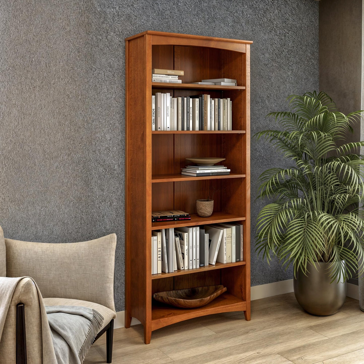 Camaflexi Shaker Style 6 Shelf Bookcase / Solid Wood / 72 inch Tall / Adjustable Shelving / Closed Back / Display Bookshelf for Living Room, Bedroom, Home and Office, Cherry