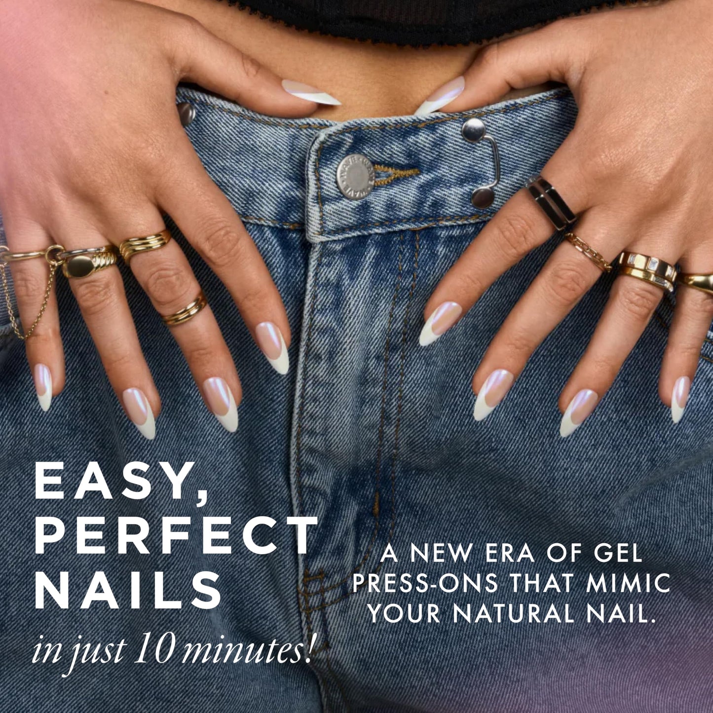 Lost Angels Gel Press On Nails French Tip - Shimmery Iridescent, Almond Shape, Medium Length Press On Nails - Easy Nail Kit with Adhesive Tab or Glue, Everything Included - 30 Fake Nail, 15 Sizes