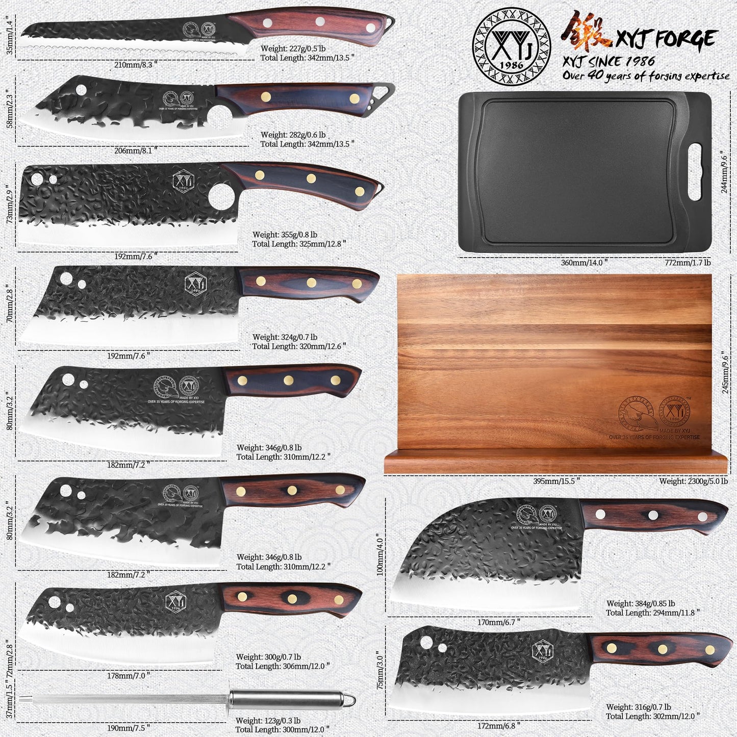 XYJ 9PCS Kitchen Knives Set with Magnetic Knife Block,Honing Steel,Scissors,Cutting Board,Gloves,High Carbon Steel Blades,Knife Block Set,Full Tang,Wood Handle,Bread Cleaver Butcher Knives
