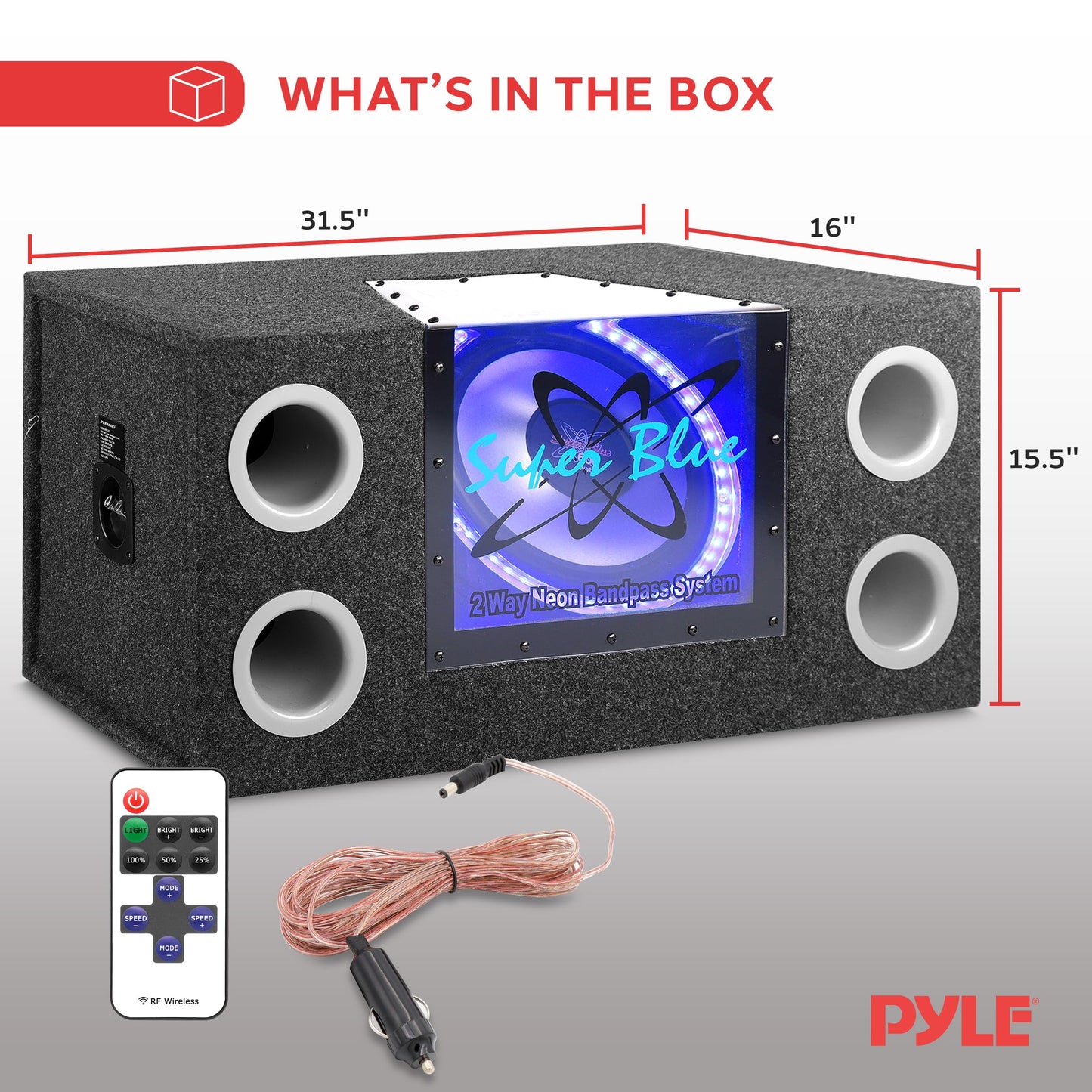 12" 1200W Car Audio Subwoofer - 2 Way Neon Bandpass Speaker System w/Blue Lights, DC 12V Input/4 Ohm/32Hz-1KHz Freq.Res w/Plexi-Glass Front Window & Silver Polypropylene Cone