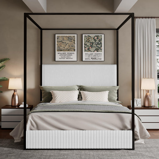 Merax Modern Luxury King Metal Canopy Bed with Tall Upholstered Headboard, Gold Four Poster Bed, No Box Spring Needed, White