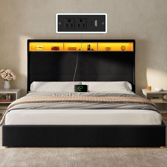 DWVO King Size Corduroy Upholstered Platform Bed Frame with Charging Station and RGB LED Lights, 53’’ Tall Storage Wingback Headboard, No Box Spring Needed, Easy Assembly, Noise-Free, Black