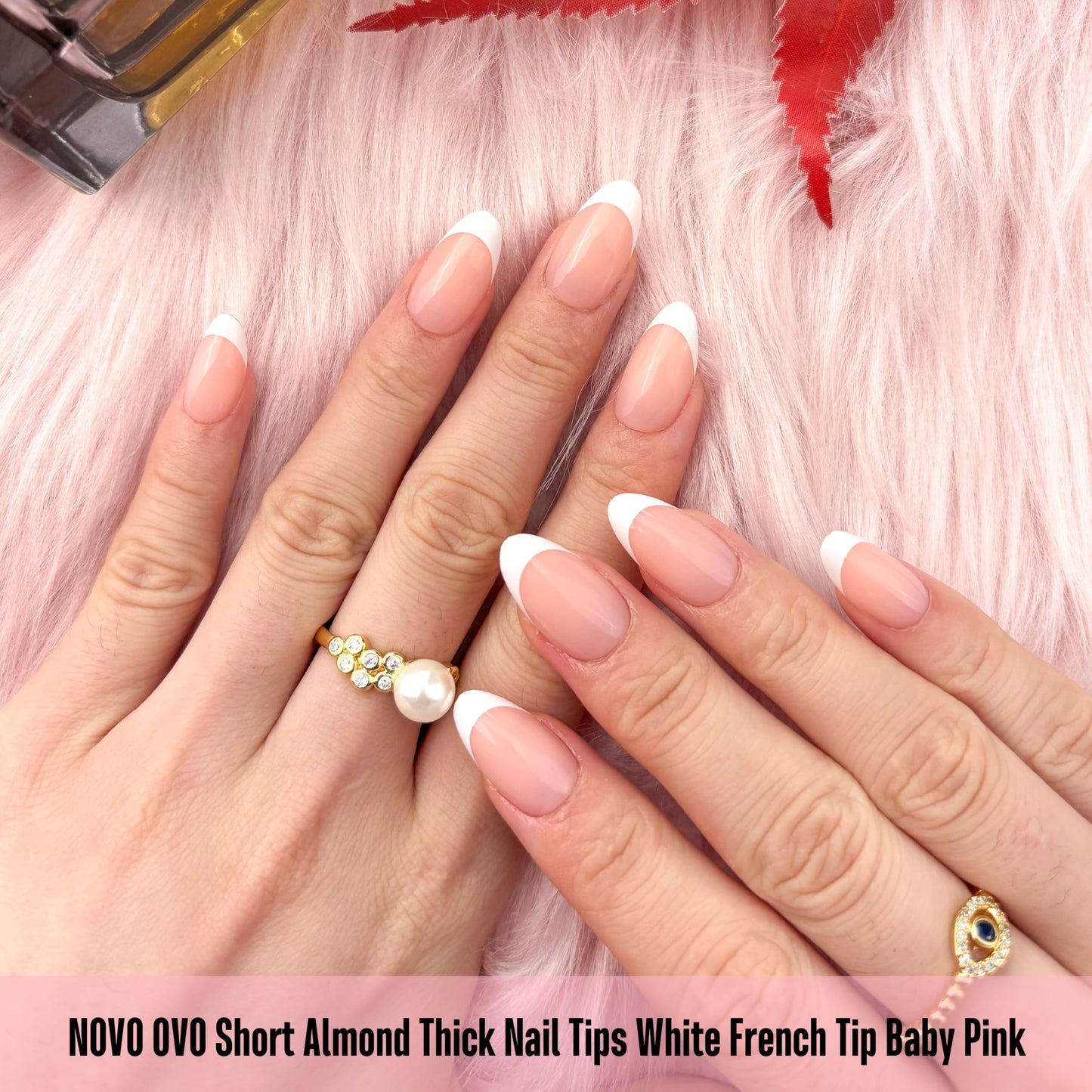 NOVO OVO Almond Short White French Tip Nail Tips Press on BABY PINK, Extra Thick Full Cover False Fake Nails, Need Builder Gel Top Coat & Glue, for Salon DIY Acrylic Extension x 16 Sizes 224 pcs