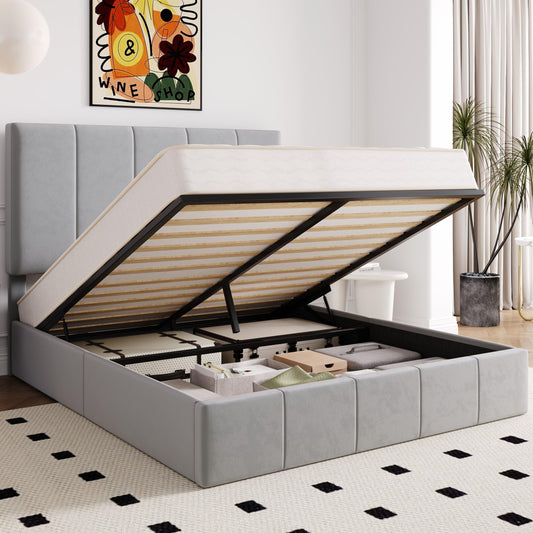 Allewie Full Size Velvet Lift Up Storage Bed Frame, Vertical Channel Tufted Headboard, Hydrualic Underneath Storage, Upholstered Platform Bed, Wooden Slats Support, No Box Spring Needed, Gray