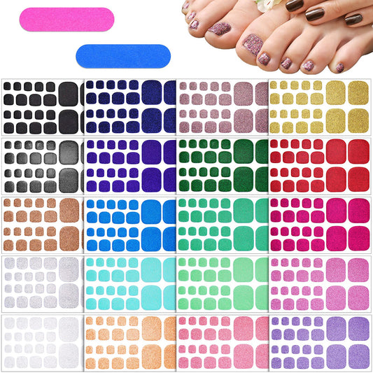 Maitys 20 Sheets 440 Pcs Glitter Toe Nail Stickers Toenail Polish Strips Solid Color Full Wraps with 2 Nail Files for Women Self Adhesive(Vivid Color)