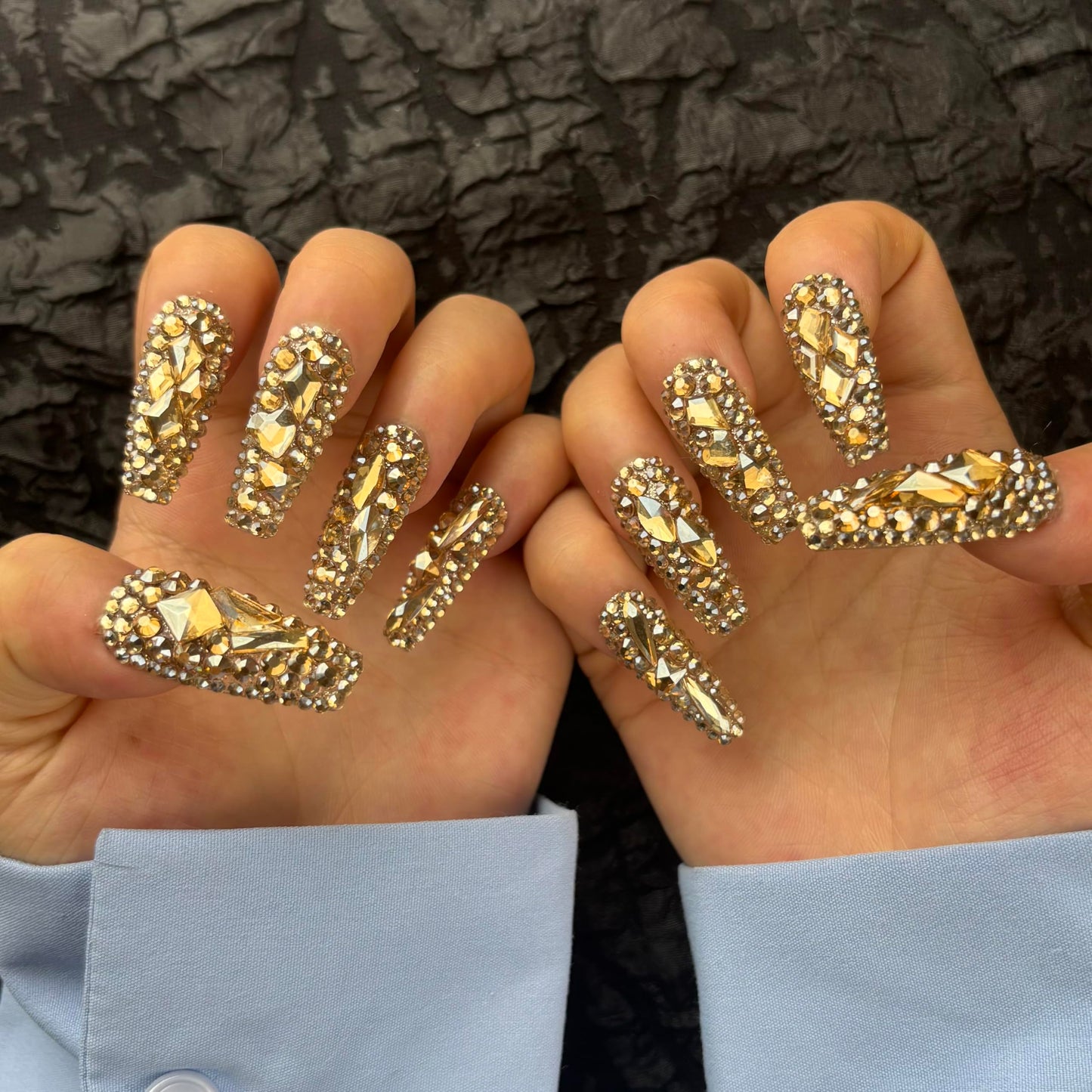 AKA Unicorn Trendy Handmade Press On Nails Long Square Shape,10Pcs Shimmery Acrylic Fake Nails with 3D Champagne Rhinestone Luxury Design Stick On Nail for Woman Gift