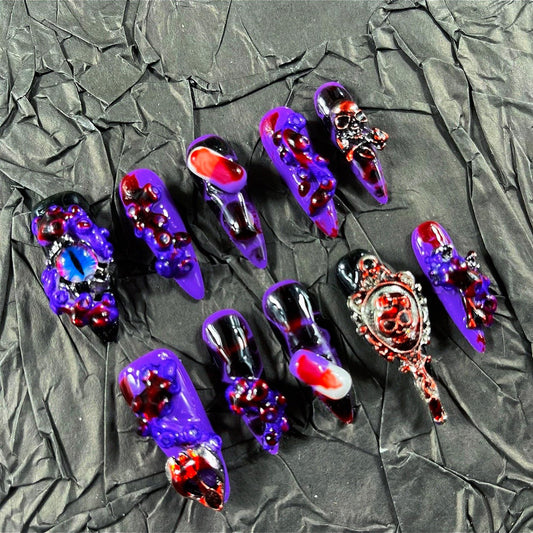 Press on Nails Handmade Nails 10Pcs Blood Style Hand Carved Purple Eyes Manual Press on Nails for Women Party Holiday Photo 33mm Long Size L