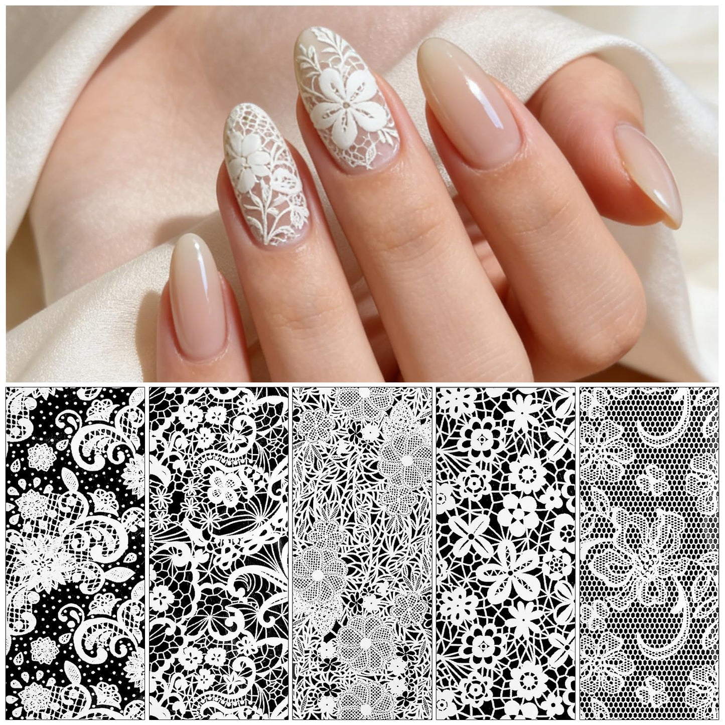 AddFavor Lace Transfer Nail Foil White and Black Nail Transfer Foil Sticker, Flower Nail Art Foils Decals for Nails Manicure DIY Acrylic Nails Decoration