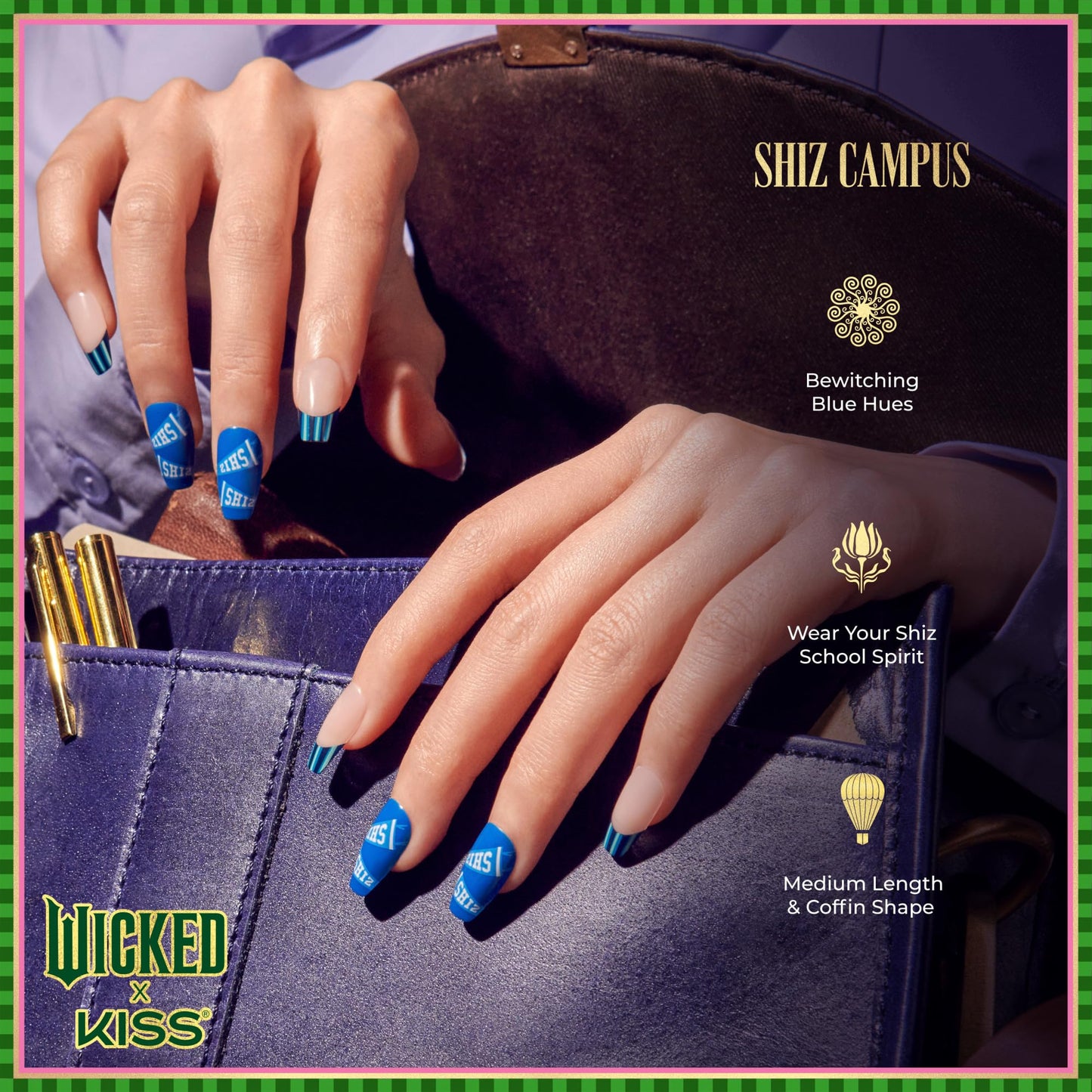 WICKED X KISS Press On Nails, ‘Shiz Campus’, Blue, Medium Coffin, Waterproof, Chip Proof, Smudge Proof, 28 Fake Nails, Pink Gel Nail Glue (2g), Mini Nail File, & Manicure Stick