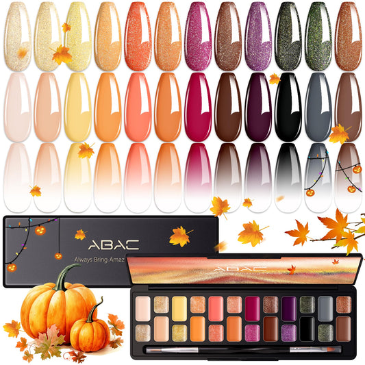 ABAC Fall & Winter Solid Gel Nail Polish Set Orange Yellow Brown Purple Grey Black Shimmer Colors w/Pro Brush No-Spill,Hema-Free Gel Nail Kit Gifts for Women All Season