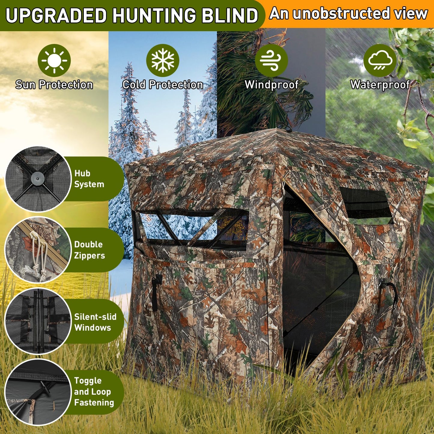 TLC Sport Hunting Blind with Carrying Bag, 360 Degree See Through Ground Blind, Pop Up Hunting Blind, Portable Concealed Camouflage Hunting Tent for 3-4 Person, Camouflage