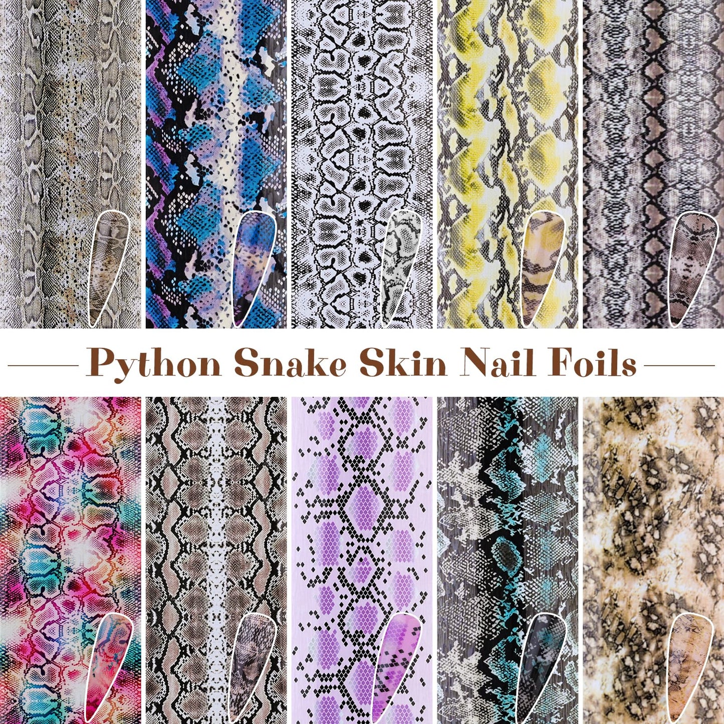 Snake Nail Foil Transfer Stickers, 10PCS Python Skin Holographic Foils, Starry Sky Laser Nail Art Decals & Adhesive Transfer Paper for Acrylic Gel Nails, Manicure Supplies and Nail Decorations