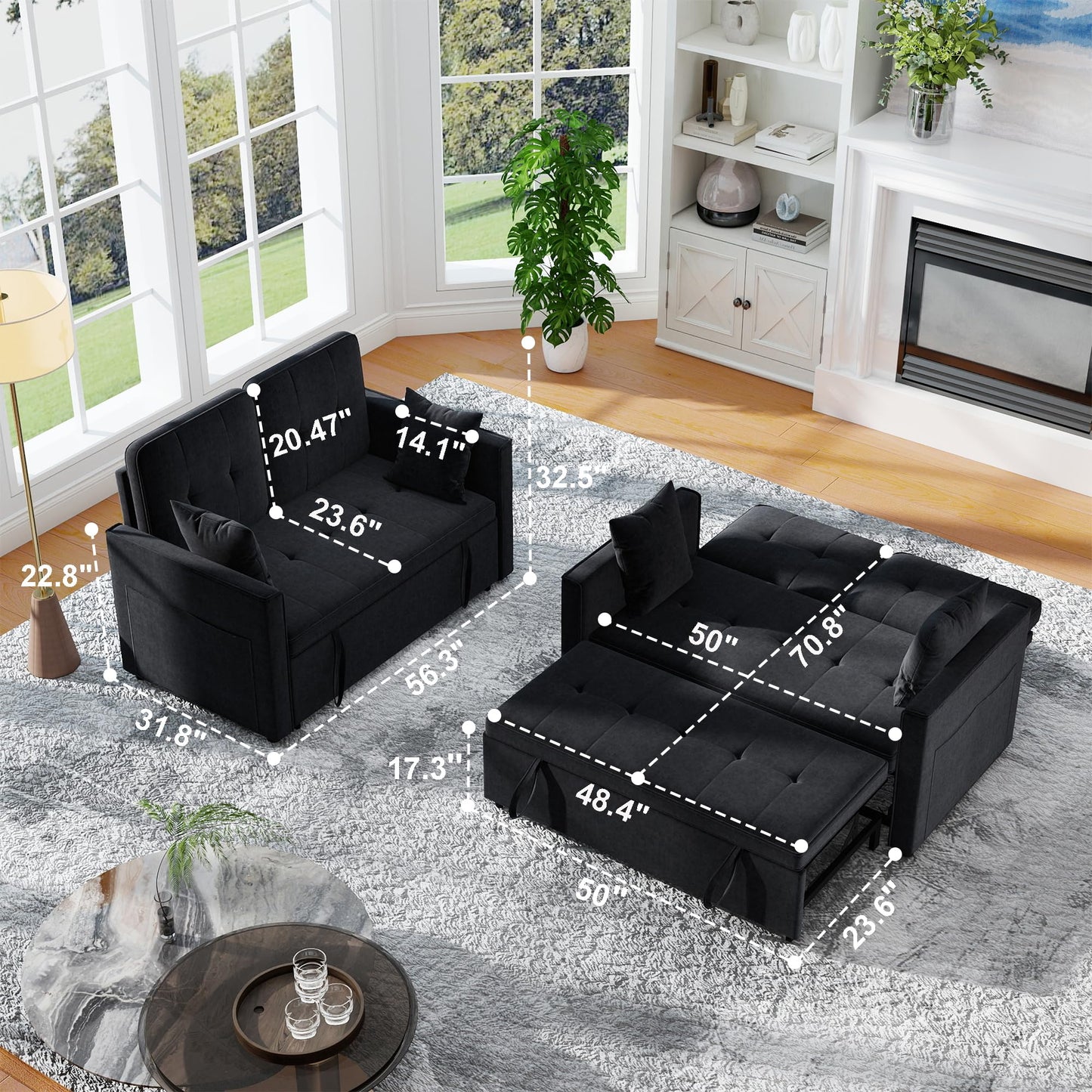 Nyvoral Loveseat Sleeper Sofa Bed Couch: Queen Sleeper Chair Pull Out Bed for Living Room, Black Velvet Couch Beds for Small Spaces, 3 in 1 Convertible Sofa with Armrests
