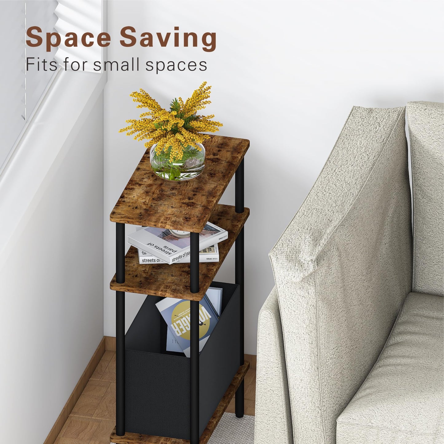 Newmics Narrow Side Table with Fabric Basket, Set of 2 End Table for Small Spaces, Slim Nightstand with 3-Tier Storage Shelf, Sofa Beside Table, for Living Room, Bed Room, Rustic Brown