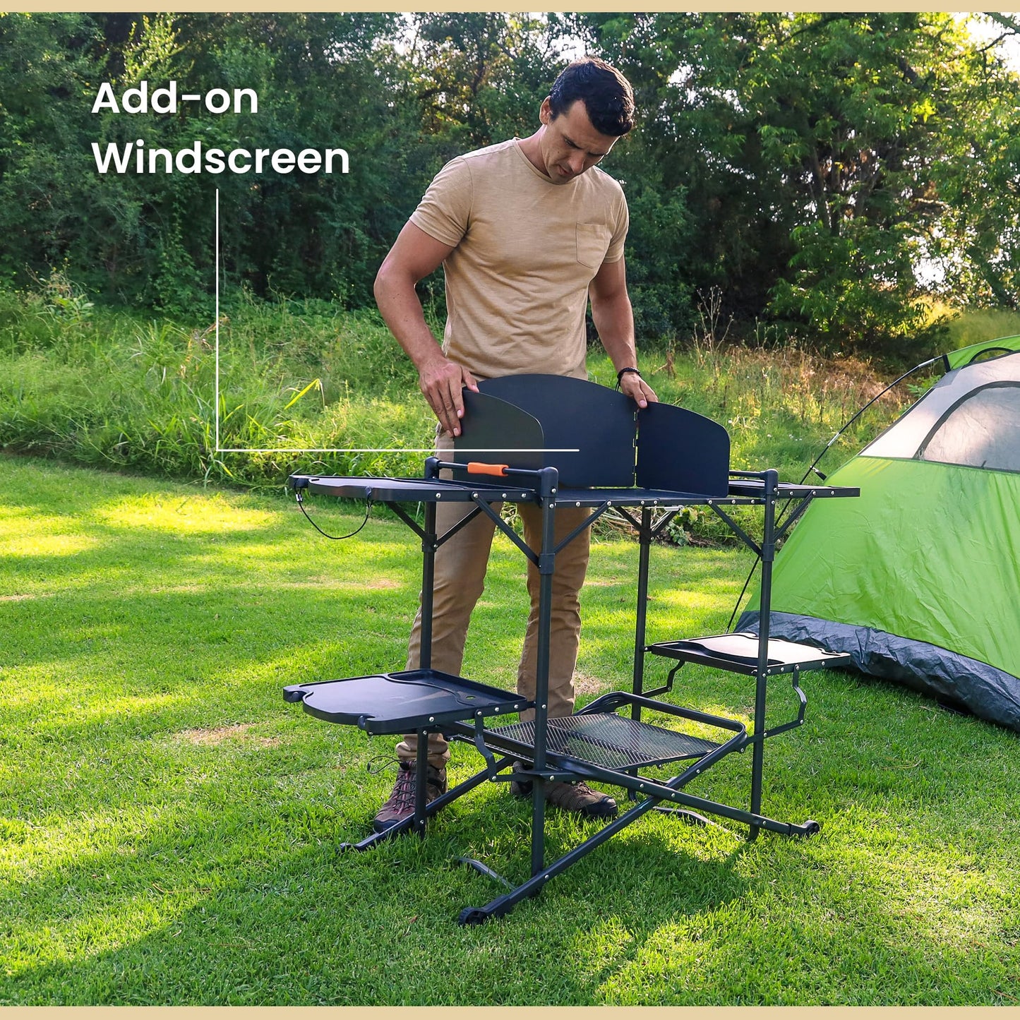 ARROWHEAD OUTDOOR 54" Wide Quick Folding Kitchen Station with Add-on Windscreen, 4 Side Tables, Aluminum Tabletop, Tool-Hanging Cord, 154 LBS Max Weight Load, for Patio BBQ and Camping