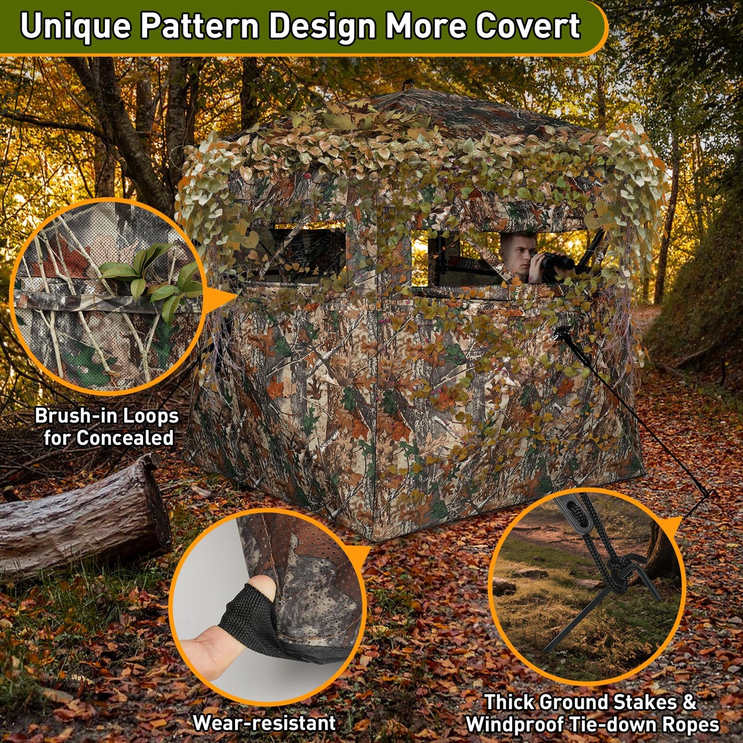 TLC Sport Hunting Blind with Carrying Bag, 360 Degree See Through Ground Blind, Pop Up Hunting Blind, Portable Concealed Camouflage Hunting Tent for 3-4 Person, Camouflage